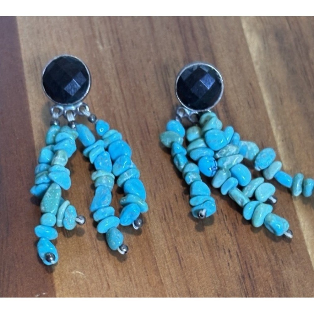 STERLING SILVER Dangle Fringe Earrings BLUE TURQUOISE BEADED Black Faceted Top